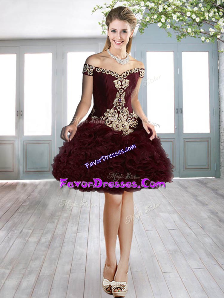 Elegant Burgundy Lace Up Off The Shoulder Beading and Ruffles Homecoming Dress Organza Sleeveless