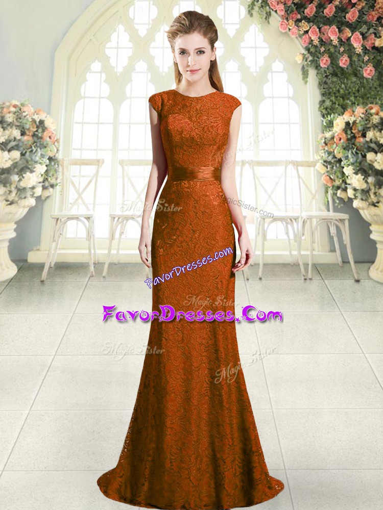 Smart Brown Backless Scoop Cap Sleeves Prom Dress Sweep Train Lace