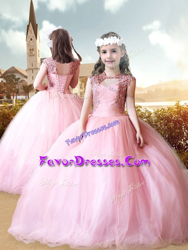  Sleeveless Tulle Floor Length Lace Up Kids Pageant Dress in Baby Pink with Beading