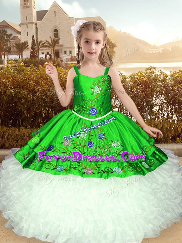  Green Ball Gowns Embroidery and Ruffles Pageant Dress for Teens Lace Up Organza Sleeveless Floor Length
