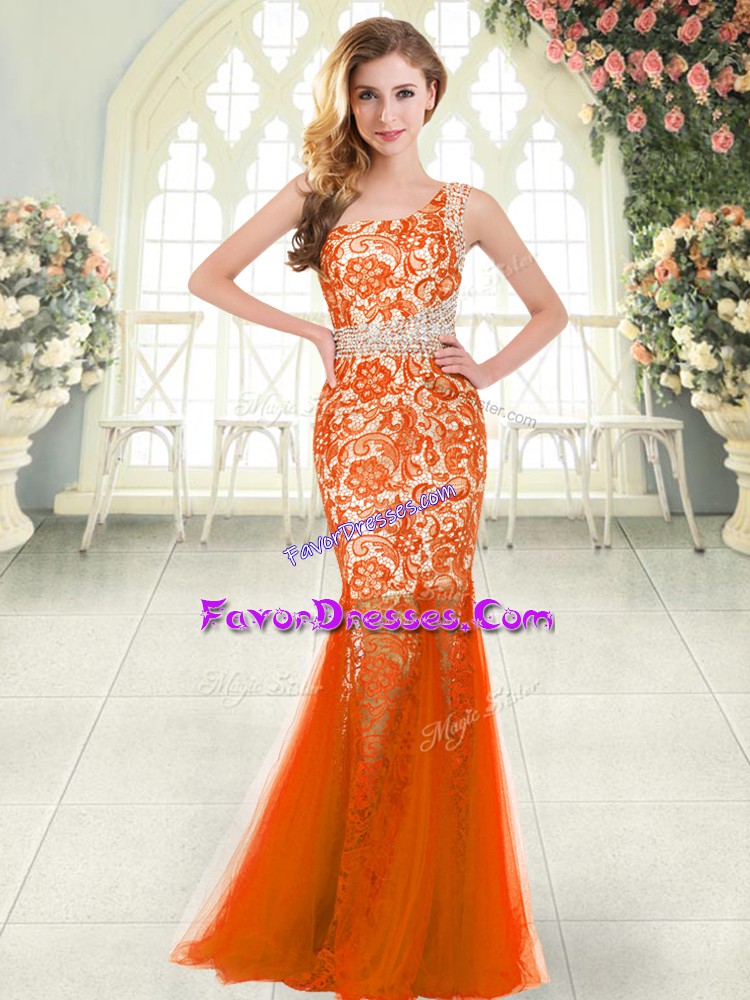 Stunning Orange Red Tulle Zipper One Shoulder Sleeveless Floor Length Prom Evening Gown Beading and Lace