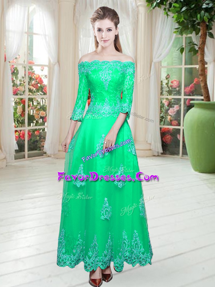 Stunning Turquoise Tulle Lace Up Prom Evening Gown 3 4 Length Sleeve Floor Length Lace