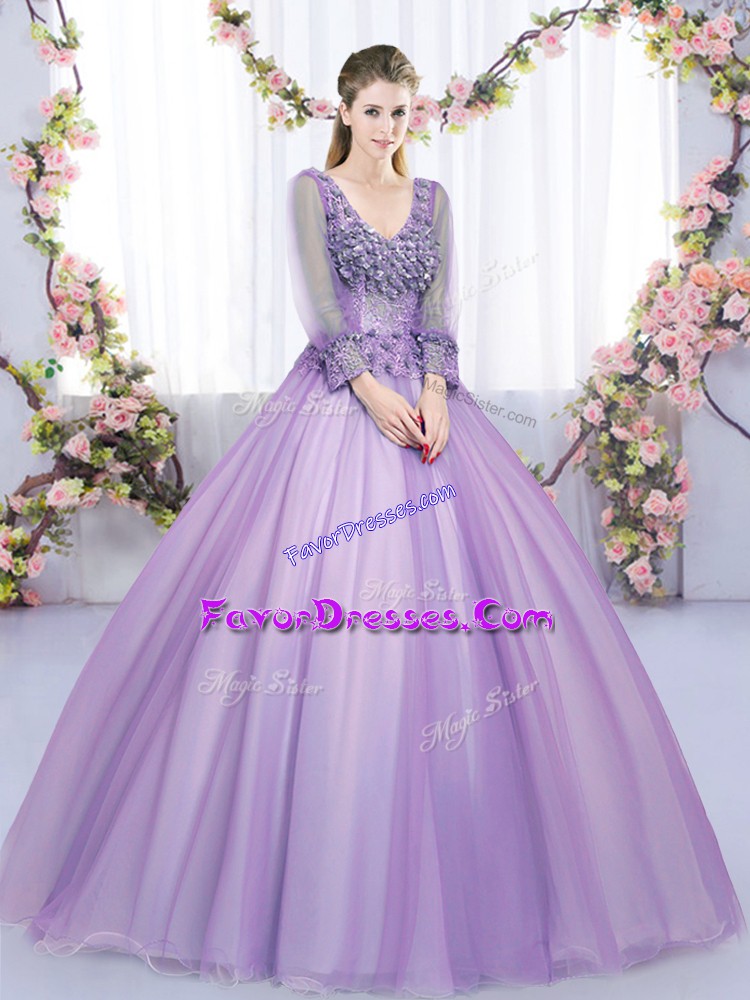 Colorful Lace and Appliques Vestidos de Quinceanera Lavender Zipper Long Sleeves Floor Length