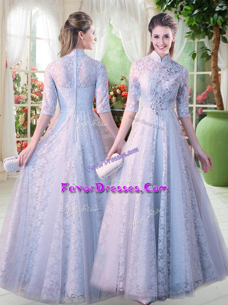  Grey A-line Lace High-neck Half Sleeves Beading Floor Length Zipper Dress for Prom
