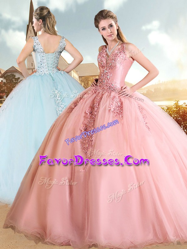 Extravagant Sleeveless Sweep Train Beading and Lace Lace Up Quince Ball Gowns