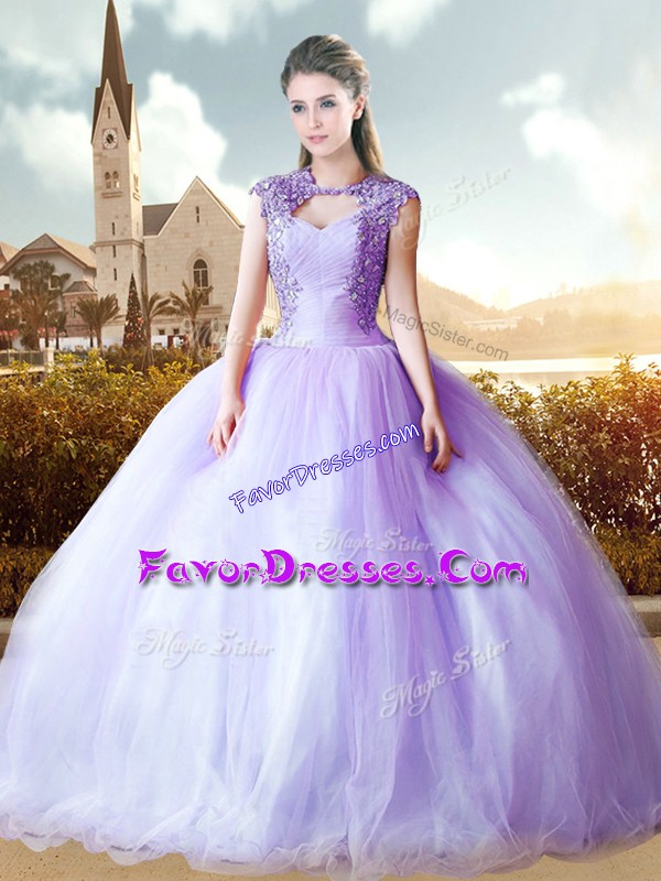 Classical Lavender Lace Up Quinceanera Gown Cap Sleeves Floor Length Beading