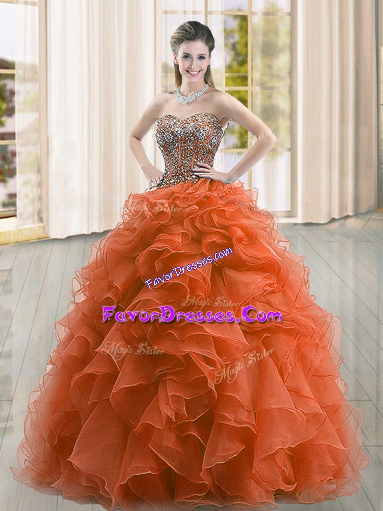  Organza Sweetheart Sleeveless Lace Up Beading and Ruffles Quinceanera Gown in Rust Red