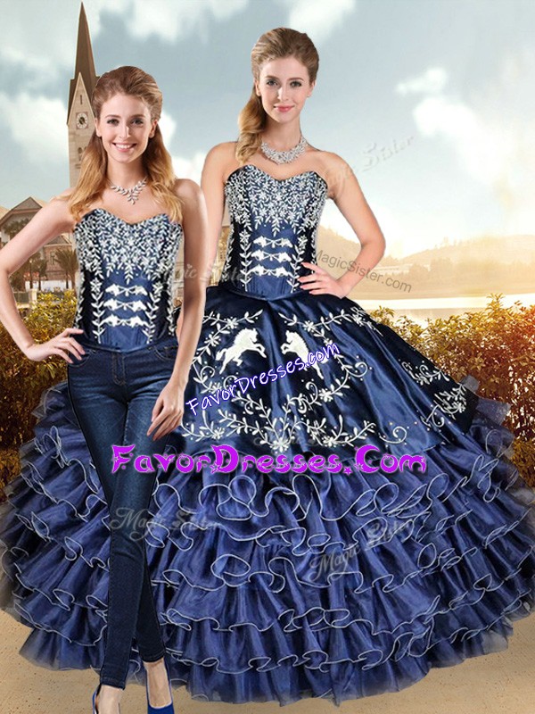 Comfortable Sleeveless Floor Length Embroidery and Ruffled Layers Lace Up Quinceanera Gowns with Navy Blue