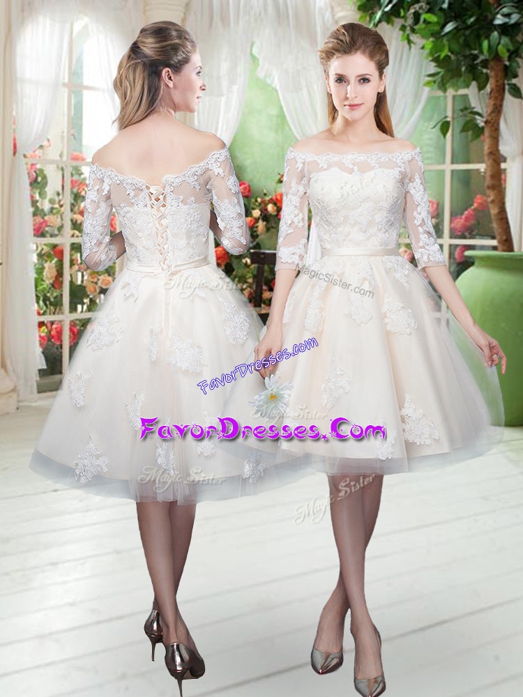  Champagne Tulle Zipper Off The Shoulder Half Sleeves Knee Length Prom Party Dress Lace