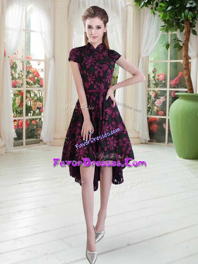 Pretty Short Sleeves Lace High Low Zipper Prom Dress in Pink And Black with Appliques
