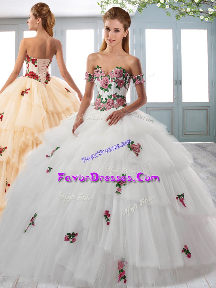  Appliques and Ruffled Layers Quince Ball Gowns White Lace Up Sleeveless Sweep Train