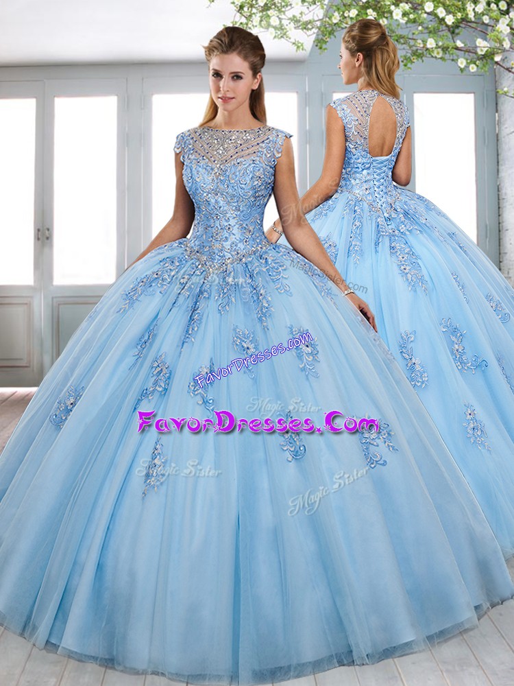 Light Blue Sleeveless Beading and Appliques Lace Up Ball Gown Prom Dress