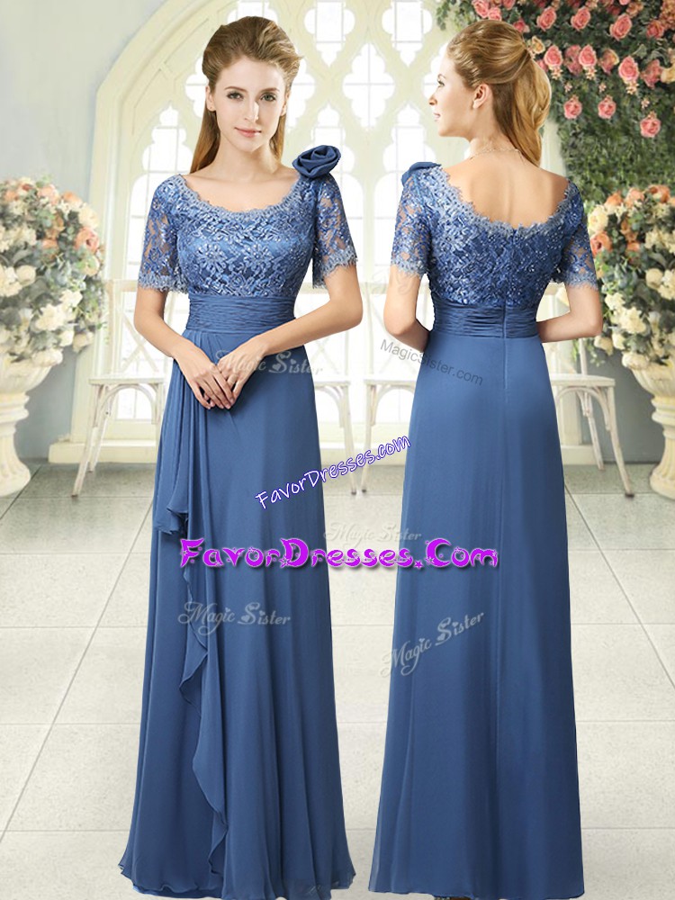  Blue Scoop Neckline Beading and Ruching Prom Evening Gown Short Sleeves Zipper