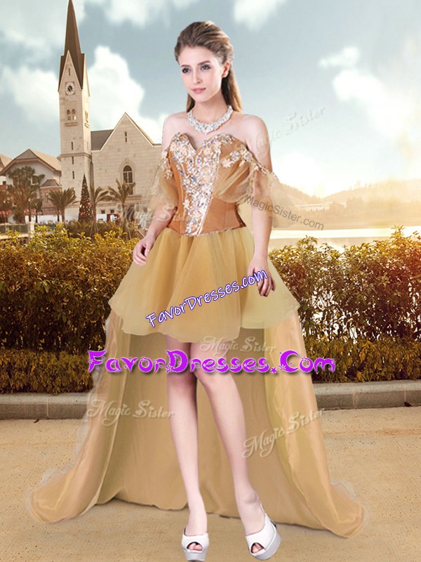 Custom Made Tulle Sweetheart Sleeveless Lace Up Beading Prom Gown in Gold