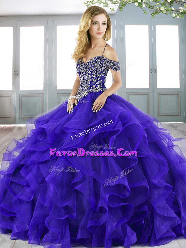  Lace Up Sweet 16 Quinceanera Dress Purple for Military Ball and Sweet 16 and Quinceanera with Beading and Ruffles Sweep Train