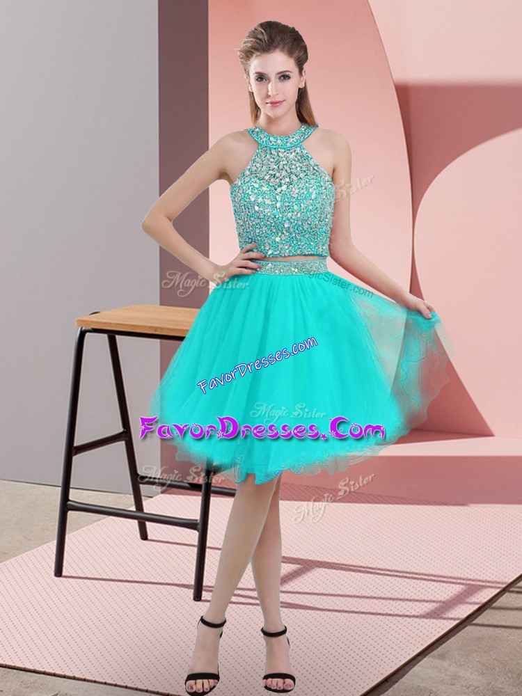 Exceptional Turquoise Backless Prom Gown Beading Sleeveless Knee Length