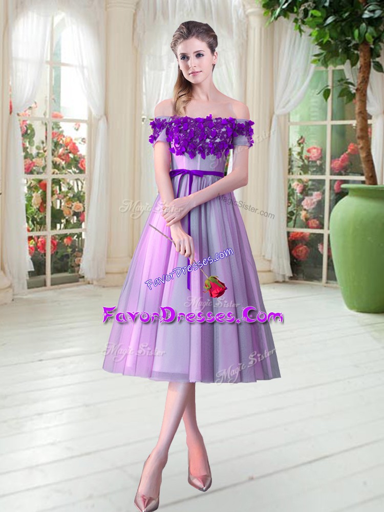  Lilac Lace Up Off The Shoulder Appliques Prom Dress Tulle Sleeveless