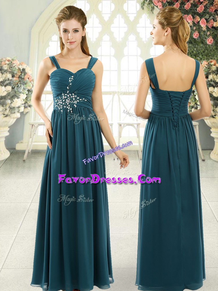  Floor Length Teal Dress for Prom Chiffon Sleeveless Beading and Ruching