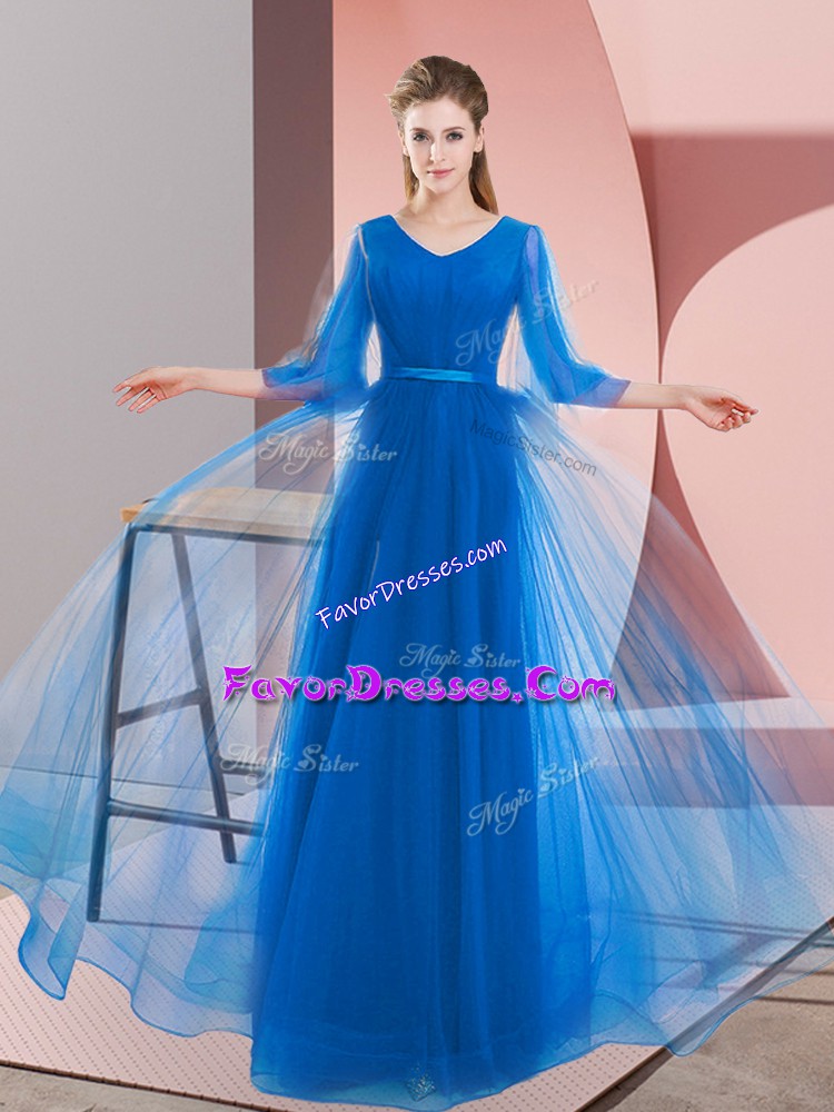 On Sale Floor Length Lace Up Dress for Prom Blue for Prom and Party with Beading