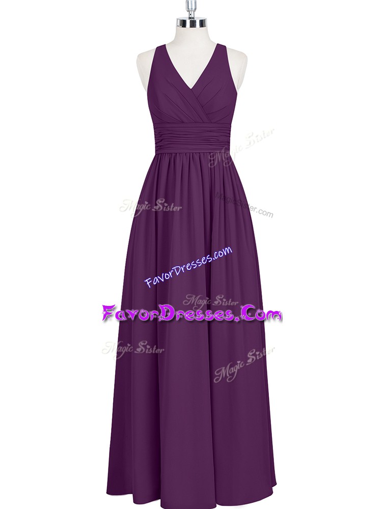 Most Popular Ruching Homecoming Dress Eggplant Purple Zipper Sleeveless Floor Length