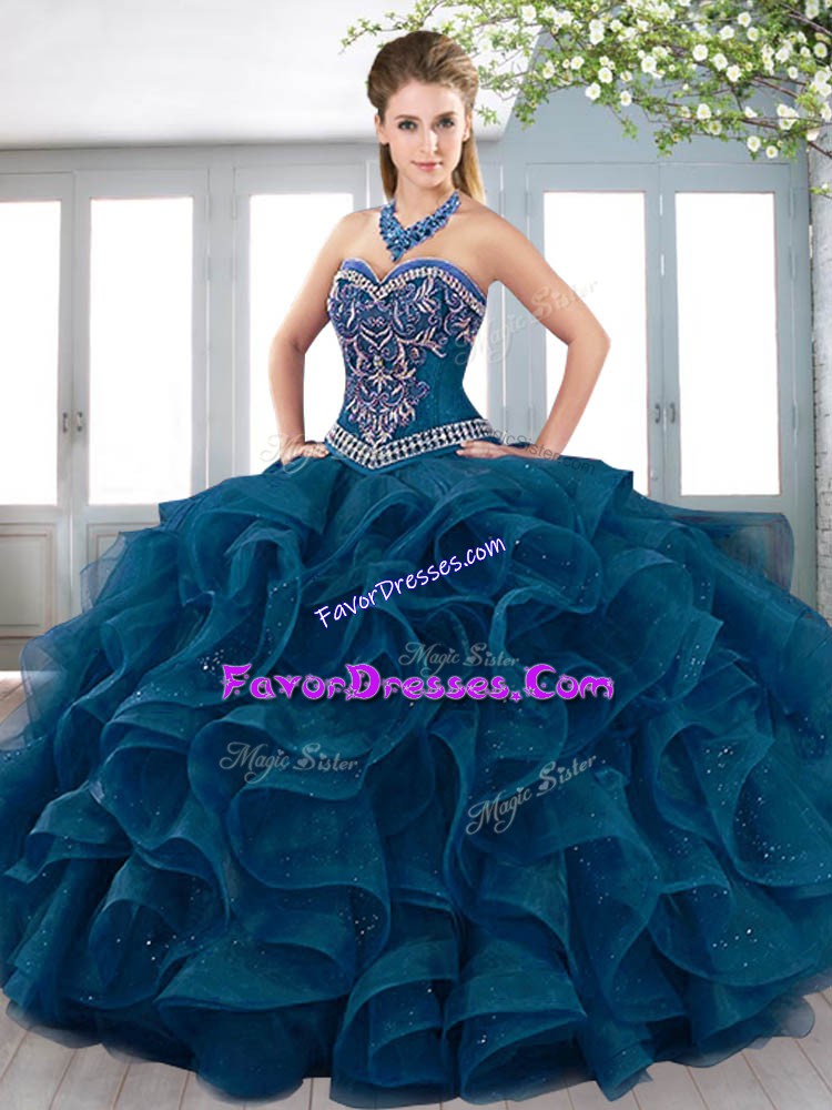 Discount Sweetheart Sleeveless Sweet 16 Dress Floor Length Beading and Embroidery and Ruffles Teal Organza