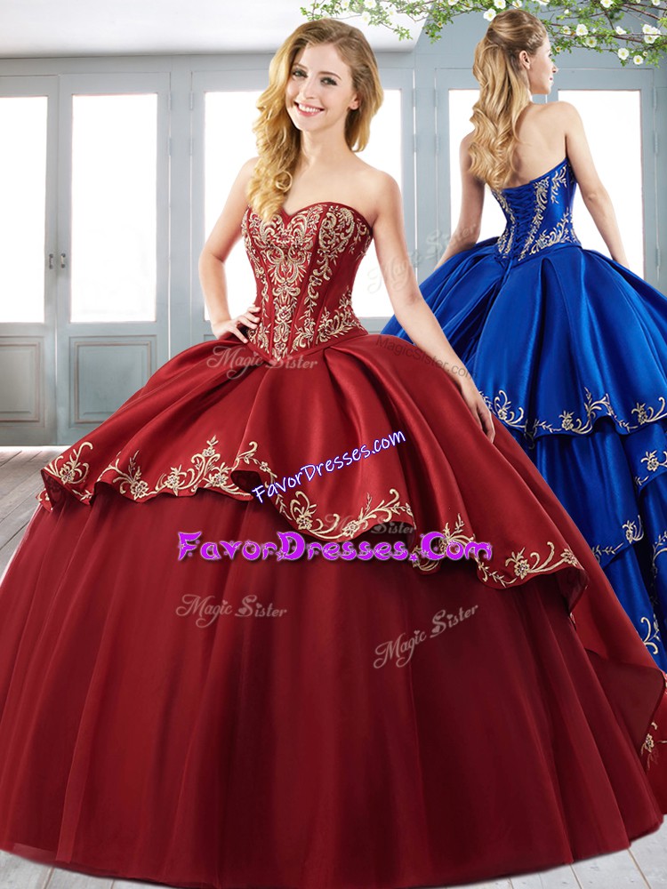 Shining Burgundy Sweet 16 Dress Military Ball and Sweet 16 and Quinceanera with Beading and Embroidery Sweetheart Sleeveless Sweep Train Lace Up
