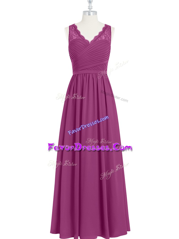  Fuchsia Empire Lace and Ruching Dress for Prom Backless Chiffon Sleeveless Floor Length