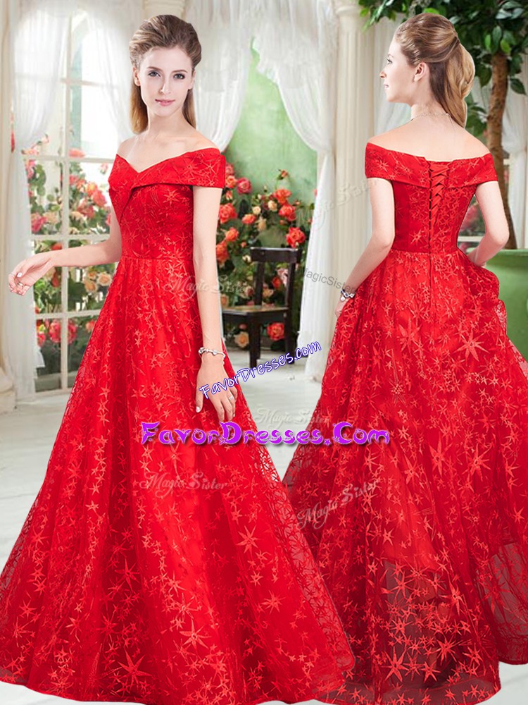  Floor Length Red Prom Evening Gown Off The Shoulder Sleeveless Lace Up