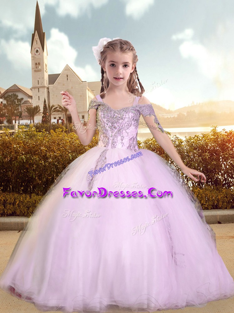  Lilac Lace Up Straps Beading and Appliques Kids Formal Wear Tulle Short Sleeves