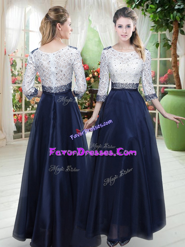  Navy Blue 3 4 Length Sleeve Organza Zipper Prom Evening Gown for Prom and Party