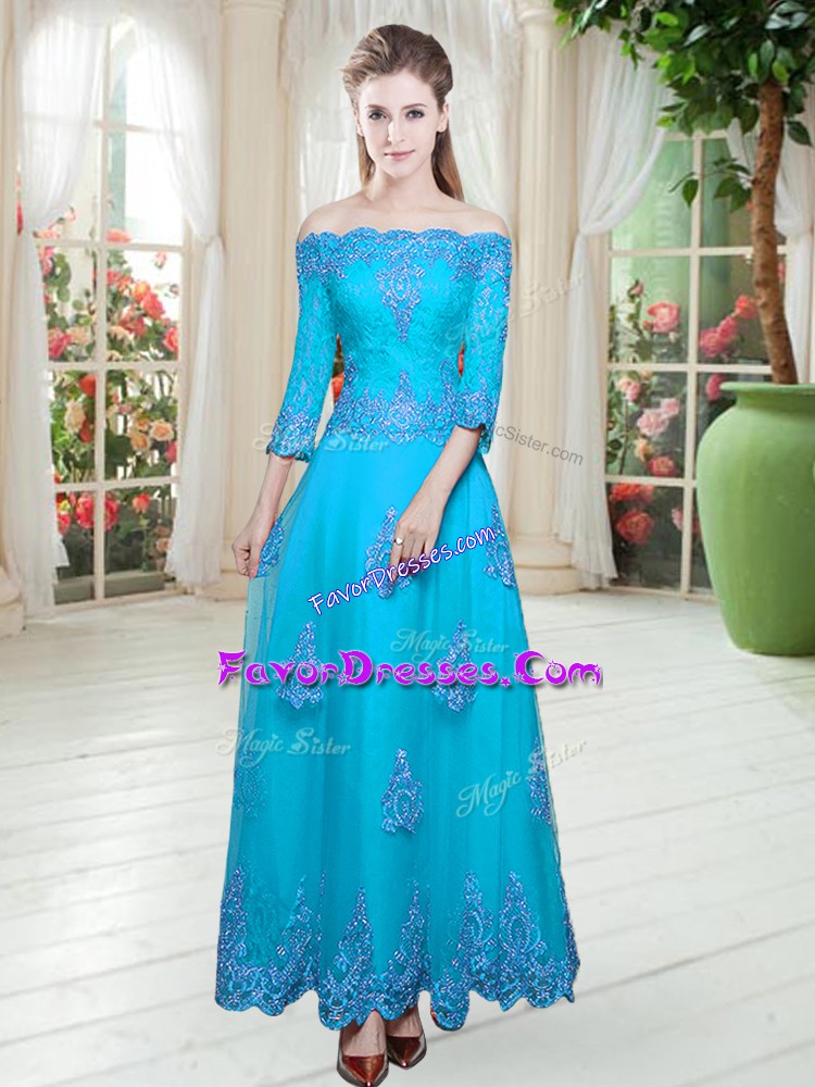 New Style Blue A-line Off The Shoulder 3 4 Length Sleeve Tulle Floor Length Lace Up Lace Prom Dress
