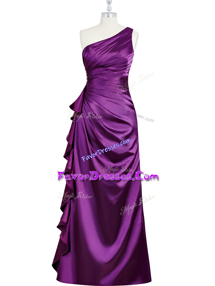  One Shoulder Sleeveless Side Zipper Prom Party Dress Purple Elastic Woven Satin