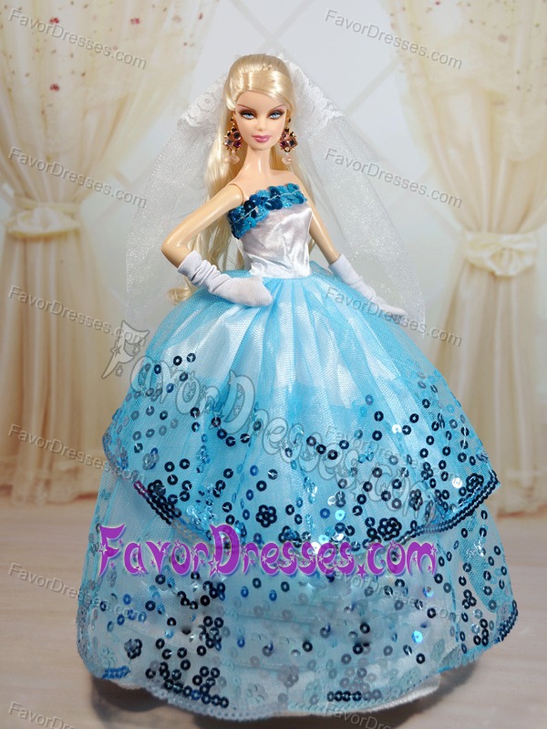 Popular Ball Gown Party Clothes White and Blue Barbie Doll Dress
