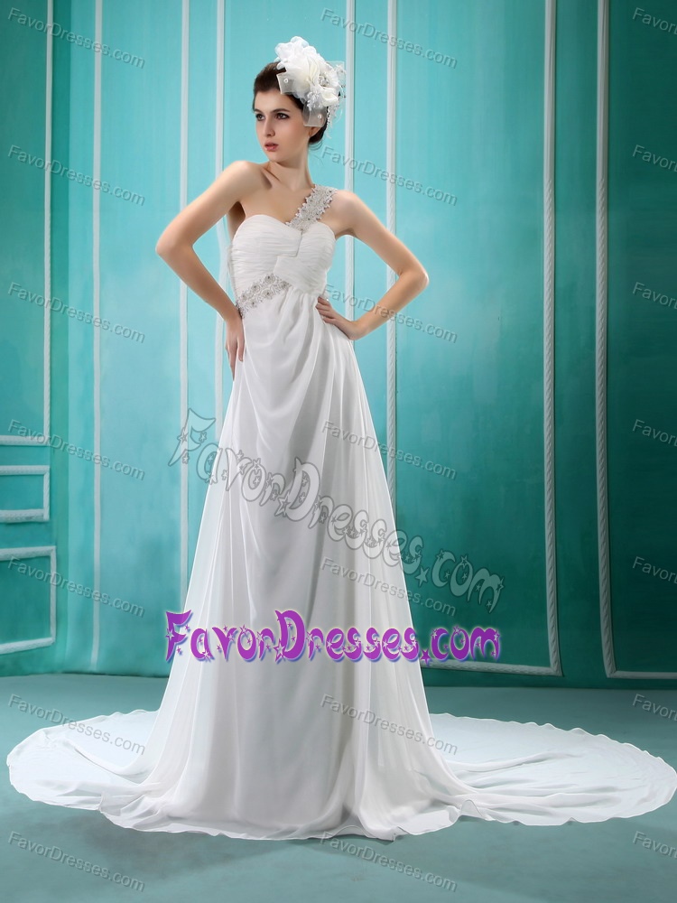 Gorgeous One Shoulder Chapel Train Chiffon Dress for Wedding with Appliques