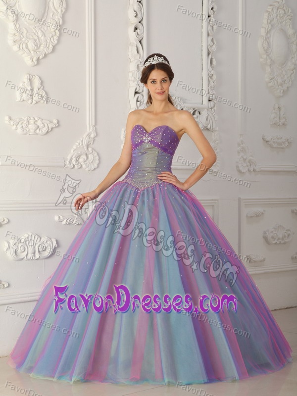 Muti-Color Ball Gown Sweetheart Beaded Quinces Gown in Tulle on Sale
