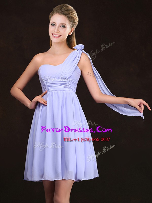 Luxurious One Shoulder Mini Length Zipper Bridesmaid Gown Lavender for Prom and Party and Wedding Party with Ruching and Hand Made Flower