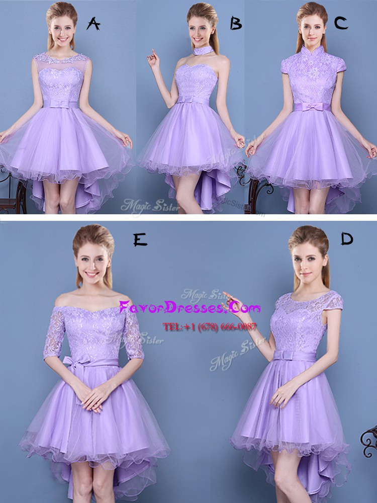  High Low Lavender Bridesmaid Gown Taffeta and Tulle Sleeveless Lace and Bowknot