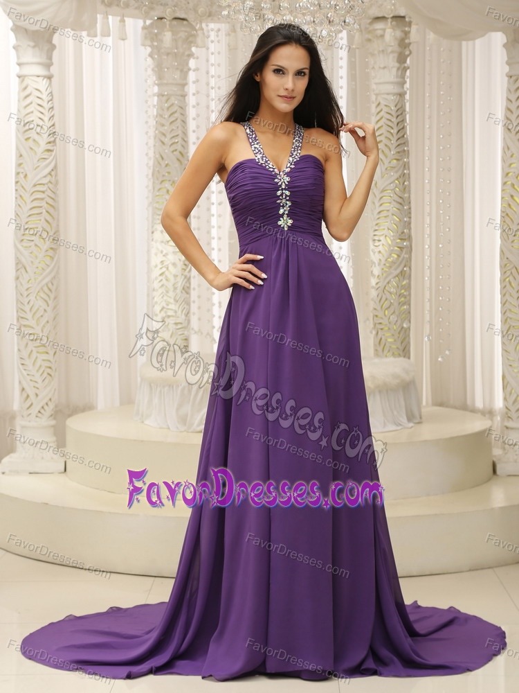 Best Seller V-neck Beaded Ruched Chiffon Celeb Dresses with Cool Back
