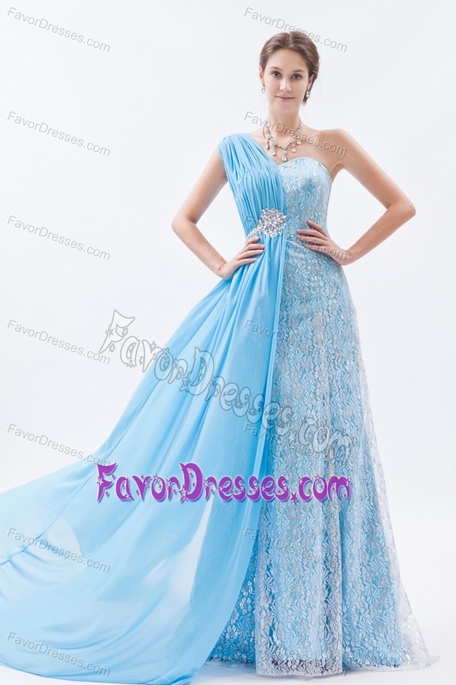 Trendy Baby Blue Beads One Shoulder Celebrity Dress in Chiffon and Lace