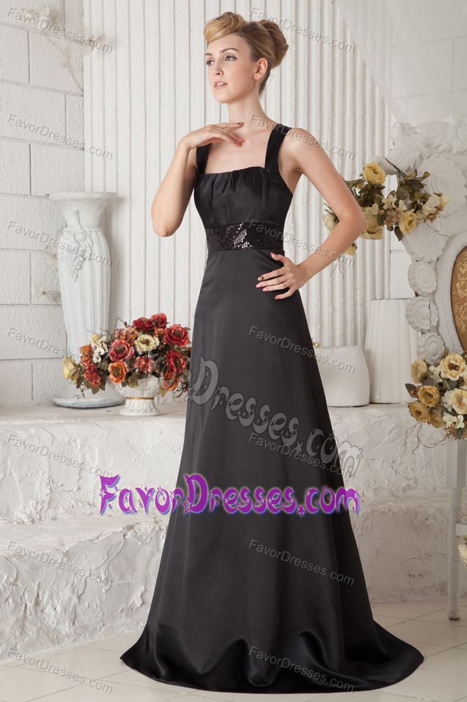 Square Straps Black Ruched Taffeta Bridesmaid Dress with Sequin