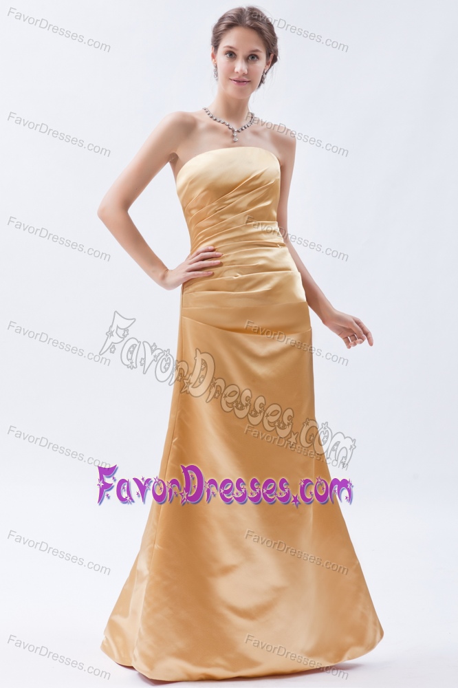 Strapless Long Gold Taffeta Ruched Maid of Honor Dress on Promotion