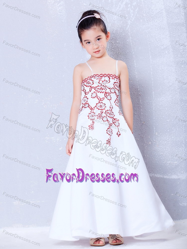 White Ankle-length Satin Embroidery Dresses for Teens with Straps