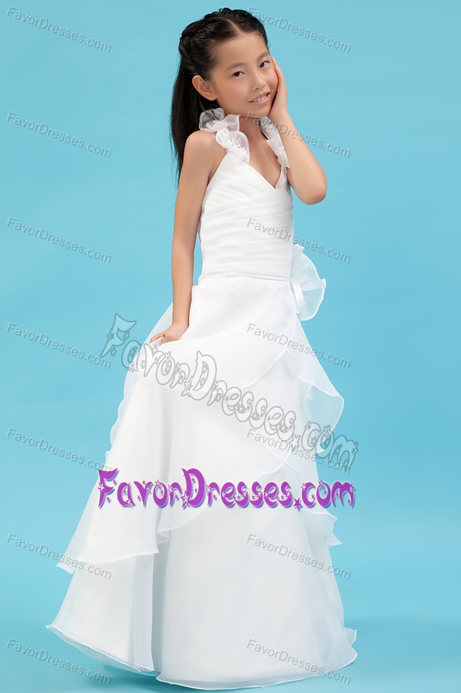 Attractive Halter Top Long Organza Flower Girl Dress in White