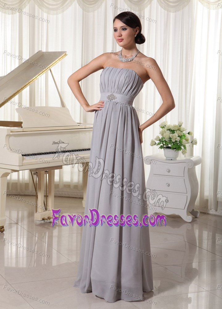 Simple Grey Empire Empire Chiffon Dress with Ruching and Beading on Promotion