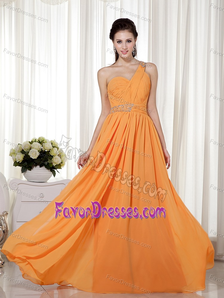 Orange Red Column One Shoulder Chiffon Beaded Prom Formal Dresses for Cheap