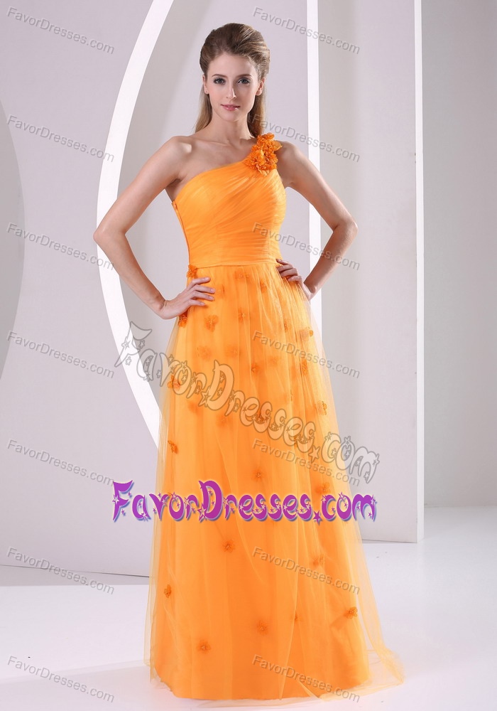 Orange One Shoulder Tulle Prom Evening Dress with Hand Made Flowers in 2013