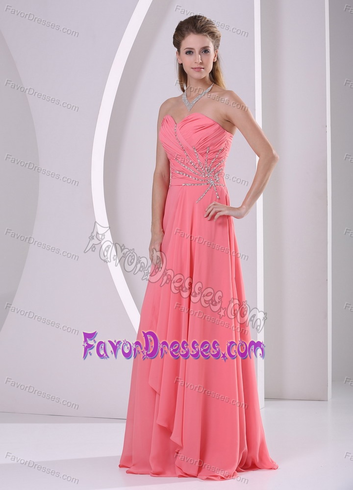 Watermelon Red Sweetheart Beaded and Ruched Chiffon Prom DressParty