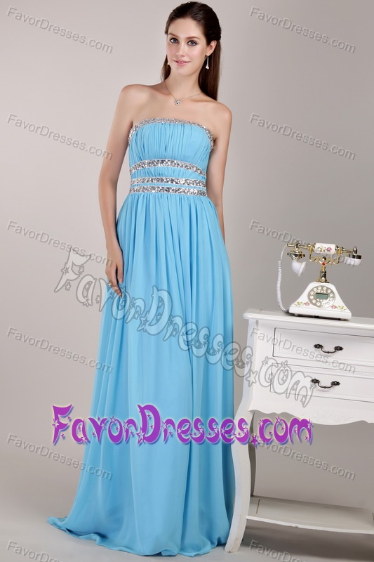New Aqua Blue Empire Strapless Chiffon Beaded Prom / Party Dress with Ruching