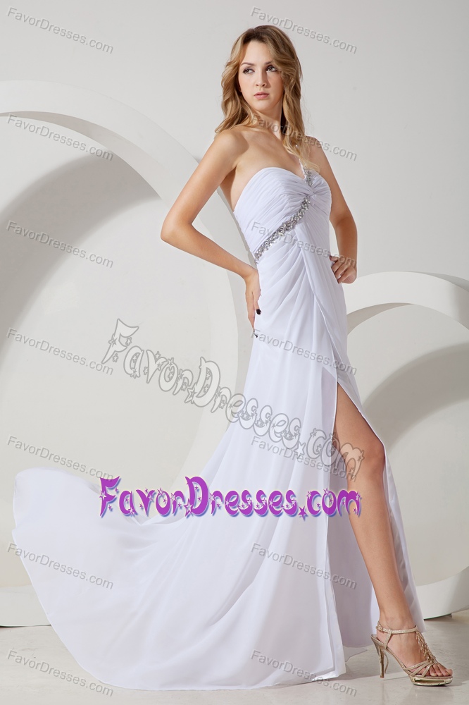 Pretty White Empire One Shoulder Beaded Chiffon Prom Evening Dresses with Slit