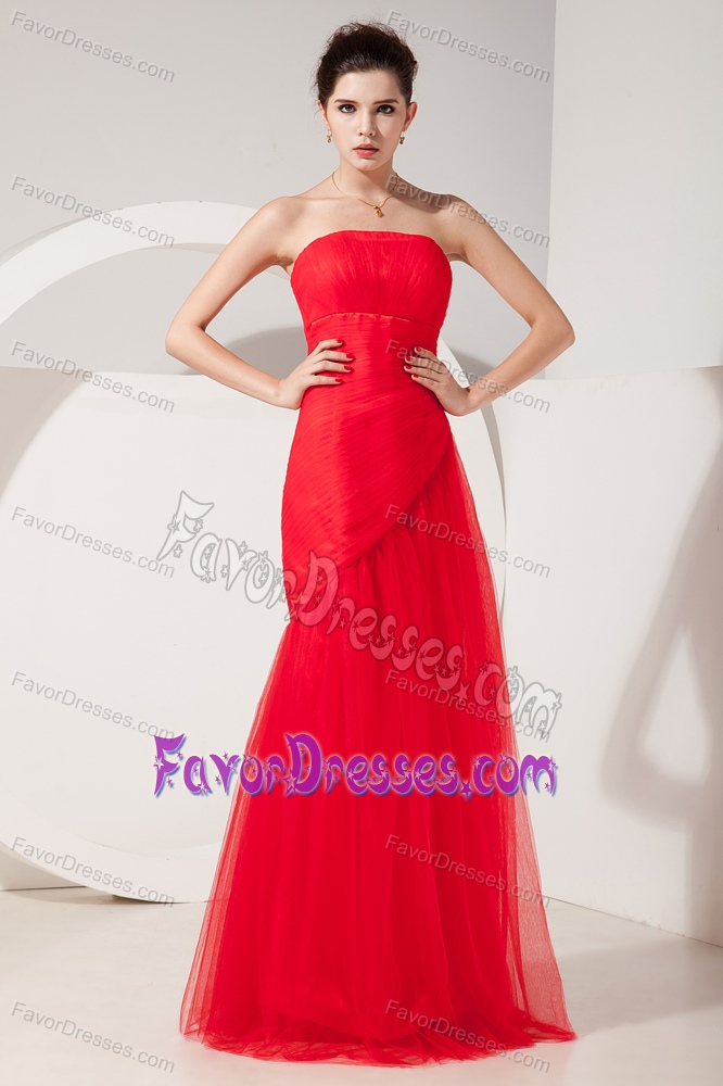 Modest Red Column Strapless Tulle Prom Dress with Ruching on Wholesale Price